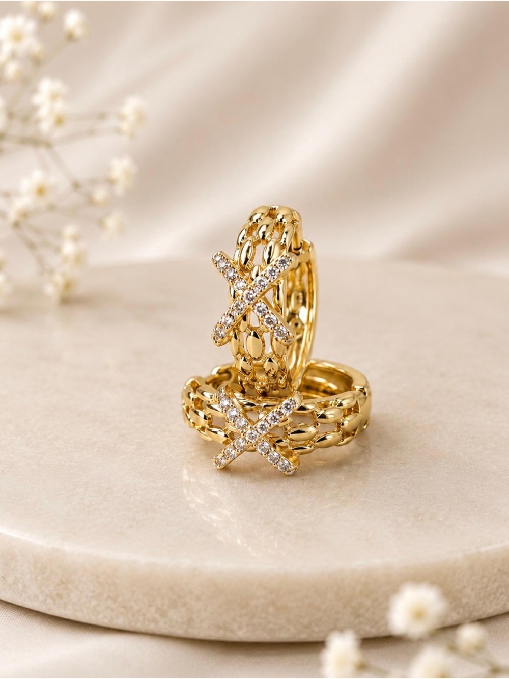 CZ Cross Huggie Hoop 14K Gold Plated. Eternal Grace Collection - Brand New